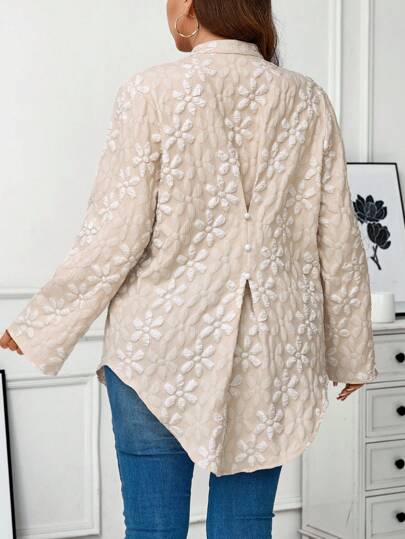 SHEIN LUNE Plus Size Women's Autumn/Winter Open Front Design Waist Panel Splice Long Sleeve Apricot Floral Print Shirt Holiday Outfit