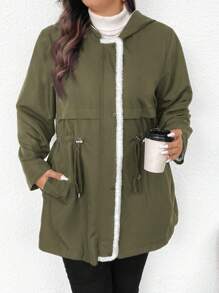 SHEIN Frenchy Chaleco con capucha unicolor, manga larga, parche de sherpa, simple y casual para tallas grandes - Verde - Ver 3
