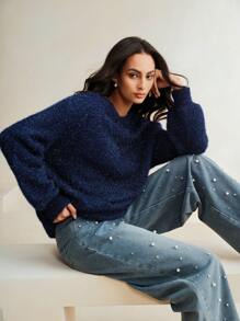 Anewsta 1pc Women's Fashionable Knitted Pullover Sweater, Autumn, Fall Winter - Royal Blue - View 1