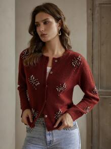 Anewsta Women's Autumn Long Sleeve Hand-Embroidered Diamond Decorated Knit Cardigan For New Year Clothes