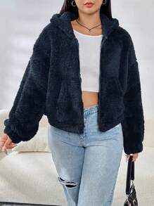 CovetEZ 大码女式纯色双面羊毛连帽夹克，冬季百搭 - 藏蓝色 - 查看 4