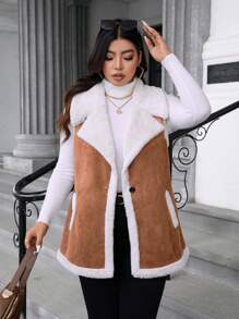 Calvaya Plus Size Women Color Block Fur Trim Lapel Single Breasted Vest Jacket For Winter - Brown - View 8