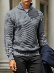 Manfinity Homme Men's Solid Color Long Sleeve Casual Quarter Zip Sweater, Autumn/Winter, Men Grey Sweater, Men Pullover Sweater, Grey Knit Sweater, Men Knitwear, Men Zipper Sweater