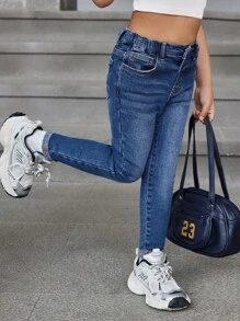 SHEIN 年轻女孩 Y2K 蓝色耐热水钻蝴蝶结牛仔布保暖内衬弹力牛仔裤，羊毛加厚棕色服装和弹力牛仔裤，增添温暖，女孩秋冬服装 - 藍色 - 查看 9