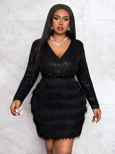 Slaydiva 大码优雅性感纯色亮片女式紧身迷你连衣裙