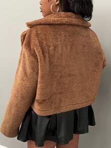 Slaydiva Plus Size Elegant, Casual, Party & Dating Versatile Solid Brown With Pockets Fluffy Women Plus Size Short Jacket, Warm For Autumn/Winter - Brown - View 2