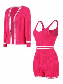 Conjunto de 3 piezas de chaquetas de punto con jacquard vintage para niñas y adolescentes, elegante para la escuela, uso casual en la calle, en casa, de viaje, fiestas, apto para primavera, verano y otoño - Rosa Fucsia - Ver 1