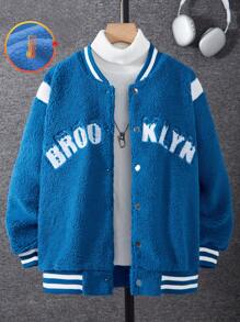 SHEIN 男童刺绣加厚抓绒外套，休闲棒球夹克，飞行员夹克 - 藍色 - 查看 1