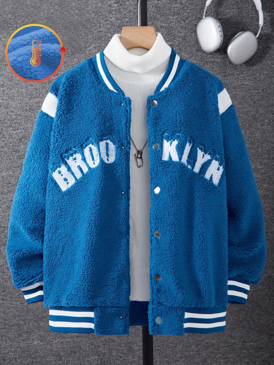 SHEIN 男童刺绣加厚抓绒外套，休闲棒球夹克，飞行员夹克 - 藍色 - 查看 1