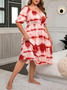 Plus Size Casual Tie-Dye Lantern Sleeve Waist Drawstring Nightgown