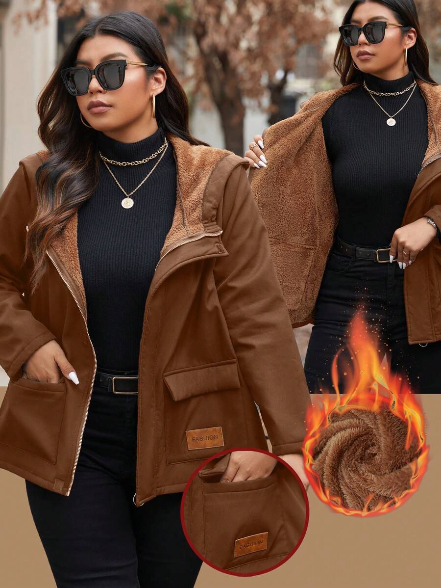 EMERY ROSE Plus Size Women Winter Solid Color Long Sleeve Thermal Lined Hooded Casual Loose Jacket Fall Cloth For Women Autumn - Brown - View 1