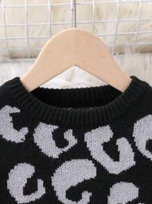 2pcs Leopard Print Sweater Set For Young Girls, Includes Round Neck Pullover Sweater And Knit Pants - Black - View 3