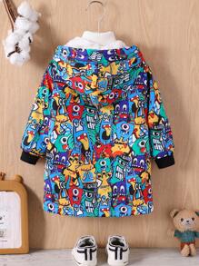 Baby Boy Cartoon Print Loose Fit Thermal Lined Hooded Casual Jacket, For Autumn/Winter - Multicolor - View 2