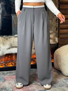 SHEIN EZwear Plus Size Retro Patchwork Waist Band Casual Straight-Leg Trousers