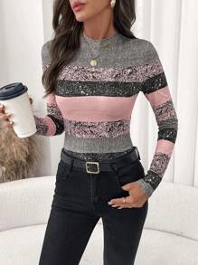 SHEIN Clasi Women's Elegant Geometric Print Gigot Sleeve Long Sleeve T-Shirt, Versatile For Autumn/Winter - Multicolor - View 6