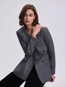 女士长袖双排扣休闲商务西装外套 - 深灰色 - 查看 6