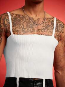 Manfinity Fever City Men's Solid Ribbed Knit Tank Sweater Vest, Spring & Summer - White - View 2