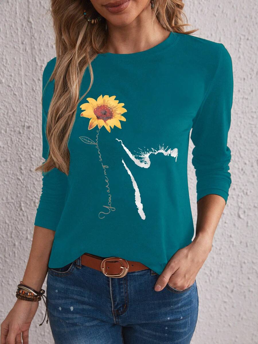 SHEIN LUNE 女士圆领向日葵印花长袖休闲 T 恤，秋季 - 藍色 - 查看 1