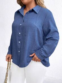 SHEIN CURVE+ Extra Plus Size Casual Solid Color Long Sleeve Shirt, Autumn - Blue - View 5
