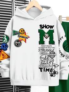 SHEIN Leap Crew 复古徽章印花青少年男孩休闲简约卡通字母图案宽松长袖连帽卫衣套装，适合秋冬季 - 彩色 - 查看 3