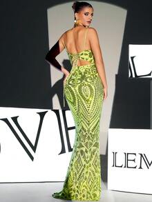 Lace Up Backless Mermaid Hem Sequin Formal Dress - Lime Green - View 2