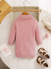 SHEIN Baby Girl Cute Minimalist Solid Color Turtleneck Long Sleeve Dress, Autumn/Winter