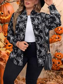 SHEIN LUNE 大码女式蜘蛛网印花长袖宽松休闲万圣节夹克