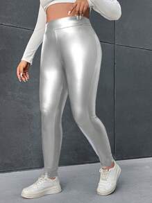 SHEIN Essnce Plus Size Women Silver Coated Fashion Leggings