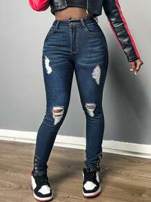 Women's Sexy Style Ripped Stretchy Skinny Leg Jeans - Dark Wash - View 1