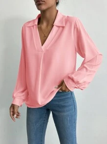 SHEIN Cottnline 素色燈籠袖襯衫 - 粉色 - 查看 5