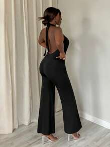 Slaydiva Elegant Sexy Party Women Deep V-Neck Metal Color Block Wide Leg Jumpsuit