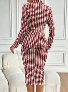 Chiquease Women's Autumn Houndstooth Lapel Long Sleeve Jacket And Pencil Skirt Elegant Suit Set For New Year Clothes - Red - View 2