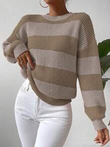 Chiquease 1pc Women Striped Dropped Shoulder Round Neck Casual Pullover Sweater, Autumn/Winter - Multicolor - View 1