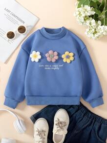 SHEIN Young Girl Cute INS Style Comfortable Blue Knit Crew Neck Long Sleeve Multi-Color 3D Flower Decor Sweatshirt, Spring Autumn - Blue - View 1
