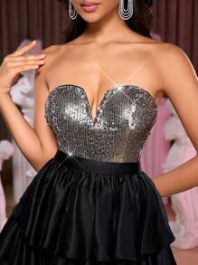 SHEIN Belle Váy nhiều lớp bằng vải satin đen tương phản bạc sáng cổ điển thanh lịch và lộng lẫy, thích hợp cho tiệc độc thân, tiệc vũ hội, năm mới, váy bán trang trọng, cho sinh nhật, khách dự tiệc cưới, tiệc tốt nghiệp - màu đen - Xem 4