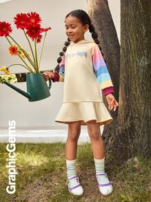 Young Girl Rainbow Striped Raglan Sleeve Hooded Ruffle Hem Sweatshirt Dress - Apricot - View 1