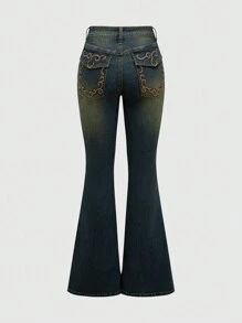 ROMWE Hippie 夏季音乐会节日复古嬉皮西部波西米亚风花卉刺绣修身喇叭低腰牛仔裤