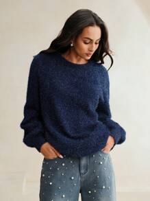 Anewsta 1pc Women's Fashionable Knitted Pullover Sweater, Autumn, Fall Winter - Royal Blue - View 3
