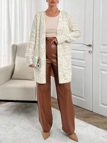 EURMUSE Women Geometric Pattern Hairy Yarn Open Front Pocket Detailed Cardigan - Beige - View 4