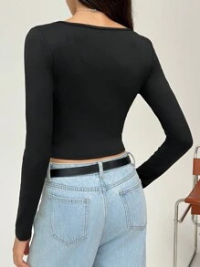 SHEIN EZwear Damska jednokolorowa, długa, dopasowana, skrócona, casualowa koszulka z długim rękawem, wiosna i lato - Czarne - Zobacz 2