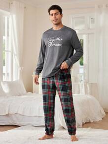 2 件套字母印花套头衫长袖羊毛格子长裤男士睡衣套装 - 灰色 - 查看 4