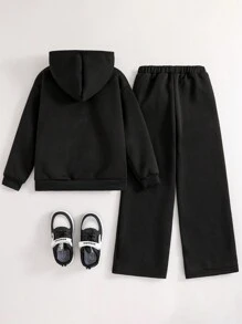 SHEIN Explorewe 2 件 Tween Girl 羊毛运动衫和运动裤套装，休闲朋克深色哥特式街头图案连帽衫和裤子套装 - 黑色 - 查看 2