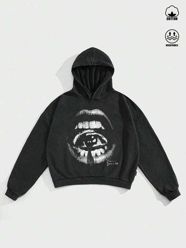Manfinity ZONE917 Men's Oversized Street-Style Vintage Distressed Black And White Tears In Lips Horror Halloween Creative Pattern Black Distressed Snowflake Hooded Sweatshirt.