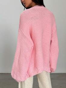 Aloruh 女士极简主义浪漫超大长袖前开粉色开衫 - 粉色 - 查看 2