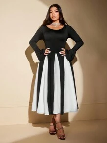 SHEIN Unity Plus Size Elegant Color Contrast Patchwork Flared Sleeve Dress - Multicolor - View 4