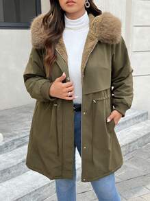 SHEIN Frenchy Manteau long rembourré décontracté pour femmes grandes tailles, vert armée, doublure thermique chaude, taille ajustable par cordon, poches, poignets côtelés coupe-vent, manteau d'hiver