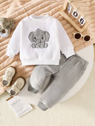 SHEIN Playful Pals 2pcs/Set Baby Boy Elephant Embroidery Fluffy Rib Knit Crew Neck Sweatshirt And Pants Set