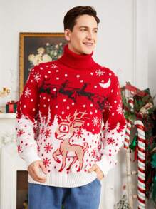 SHEIN Suéter navideño rojo de manga larga con estilo shetland para hombre, moda navideña, otoño/invierno. Conjuntos a juego en familia mamá e hija (las 4 piezas se venden por separado) - Rojo - Ver 3