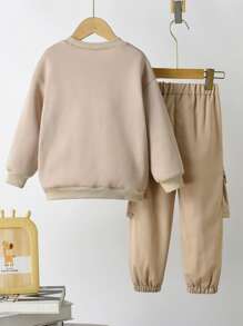 Set de 2 piezas de sudadera con capucha deportiva informal con estampado de letras y pantalón cargo para niñas, uso diario, nueva llegada de otoño/invierno - Caqui - Ver 2