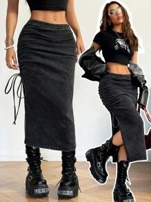 SHEIN EZwear 女士秋冬 Y2K 基本款牛仔弹力水洗 Grunge 裙子 - 黑色 - 查看 1